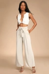 Lulus Trend Alert Beige Belted High-waisted Wide-leg Pants In Beige
