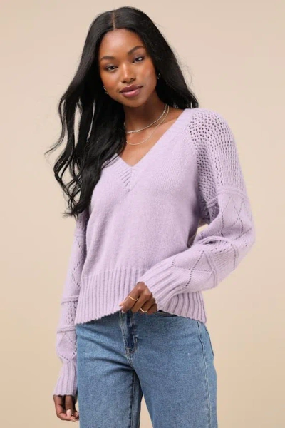 Lulus Trend Maker Lavender Pointelle Knit V-neck Sweater In Purple