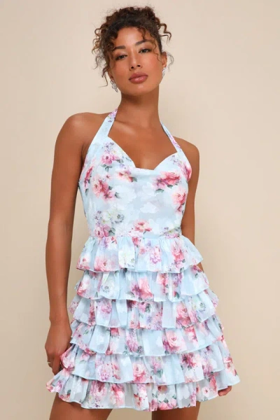 Lulus Trending Adorable Light Blue Floral Tiered Halter Mini Dress