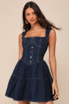 Lulus Trending Darling Dark Wash Denim Tiered Bustier Mini Dress In Blue
