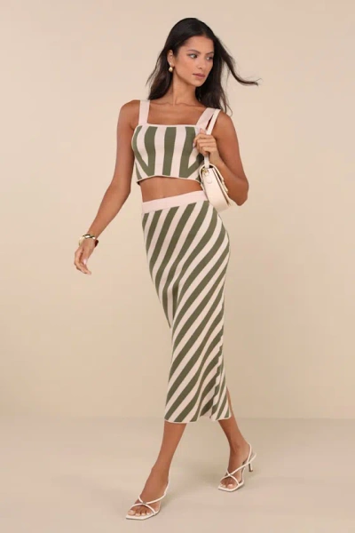 Lulus Trending Muse Beige And Green Striped Knit Two-piece Midi Dress