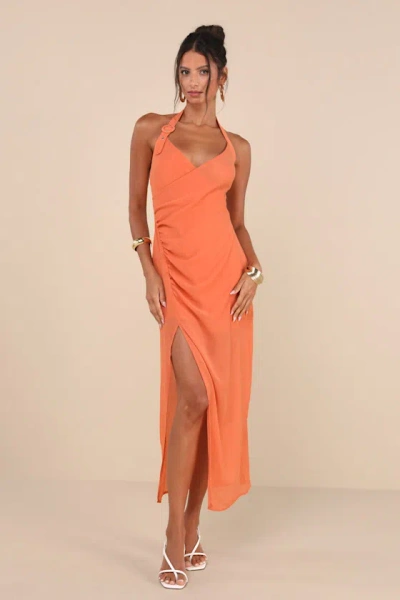 Lulus Trending Sunny Orange Ruched Halter Buckle Strap Midi Dress