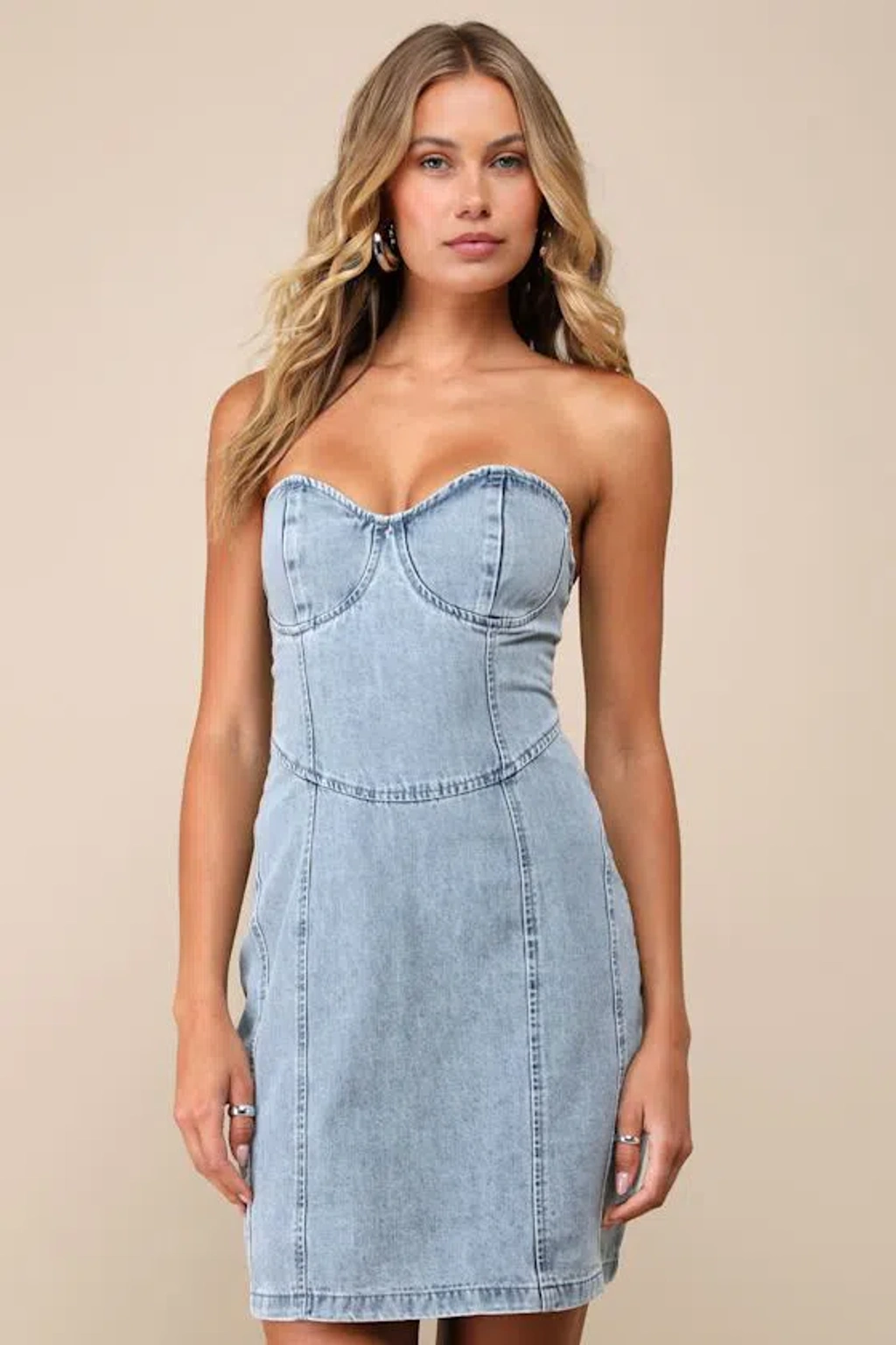 Lulus Trending Take Light Wash Denim Strapless Bustier Mini Dress In Blue
