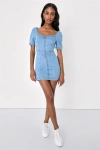 Lulus Trending Vibe Medium Wash Zip-front Denim Dress In Blue