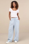 LULUS TRENDSETTING ASPECT LIGHT BLUE TWEED RAW EDGE WIDE-LEG PANTS