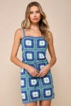Lulus Trendsetting Charm Blue Crochet Lace-up Sleeveless Mini Dress In Blue
