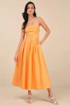 Lulus Trendsetting Choice Orange Strapless Midi Dress With Pockets In Orange