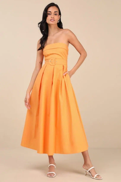 Lulus Trendsetting Choice Orange Strapless Midi Dress With Pockets