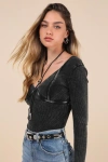 Lulus Trendsetting Confidence Washed Black Ribbed Long Sleeve Bodysuit In Black