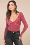 Lulus Trendsetting Confidence Washed Pink Ribbed Long Sleeve Bodysuit In Pink