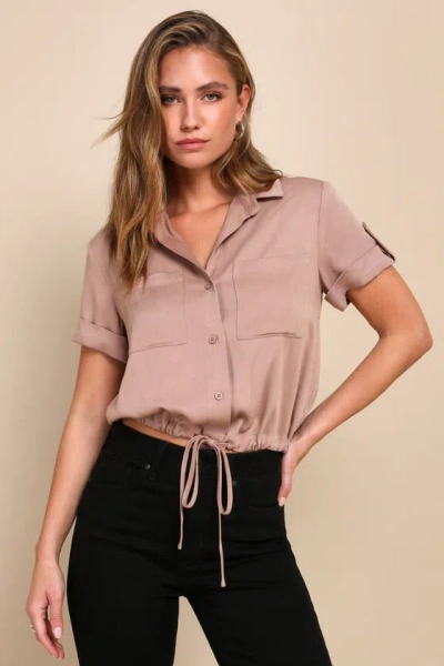 Lulus Trendsetting Effect Khaki Twill Drawstring Button-up Top In Brown