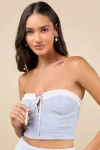 Lulus Trendsetting Flirt Light Blue Crinkled Bow Strapless Bustier Top In Light Blue