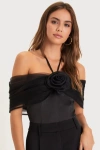 Lulus Trendsetting Moment Black Mesh Rosette Off-the-shoulder Bodysuit In Black