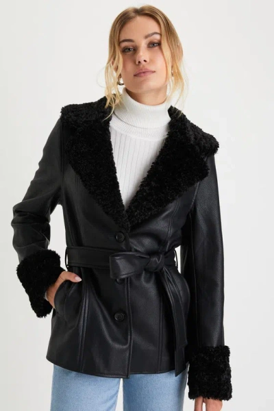 Lulus Trendsetting Muse Black Vegan Leather Faux Fur Belted Jacket