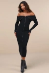 Lulus Trendy Aura Black Off-the-shoulder Zip-front Sweater Dress In Black