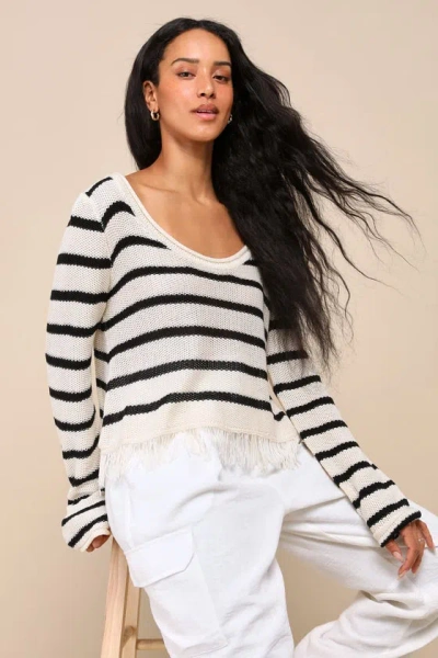 Lulus Trendy Comfort Ivory Striped Loose Knit Fringe Sweater