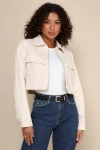 LULUS TRENDY EXPEDITION BEIGE TWILL CROPPED UTILITY JACKET