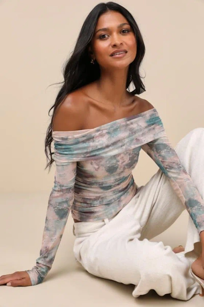Lulus Trendy Finesse Taupe Abstract Mesh Ruched Off-the-shoulder Top