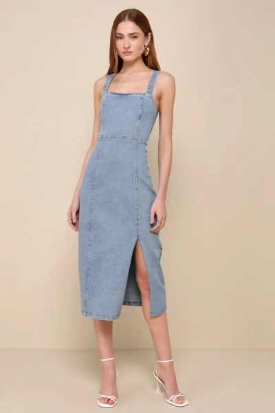 Lulus Trendy Inspiration Light Wash Lace-up Denim Midi Dress In Blue