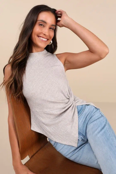 Lulus Trendy Minimalist Light Heather Grey Ribbed Knotted Tank Top