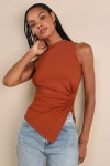 Lulus Trendy Minimalist Rust Brown Ribbed Knotted Tank Top In Rust Brown