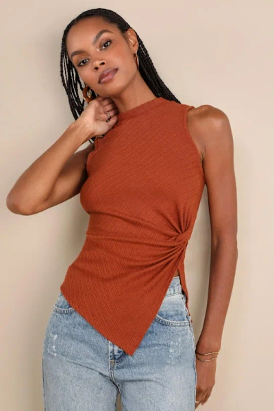Lulus Trendy Minimalist Rust Brown Ribbed Knotted Tank Top