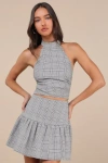 Lulus Trendy Momentum Black And White Plaid Backless Halter Top In Black And White