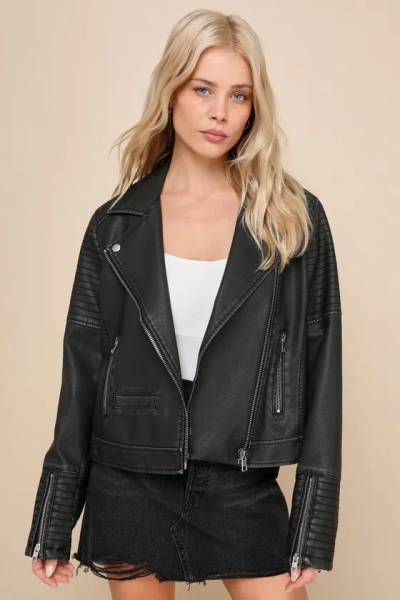Lulus Trendy Rebel Washed Black Vegan Leather Collared Moto Jacket