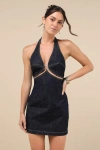 Lulus Trendy Statement Dark Wash Denim Cutout Halter Mini Dress In Blue