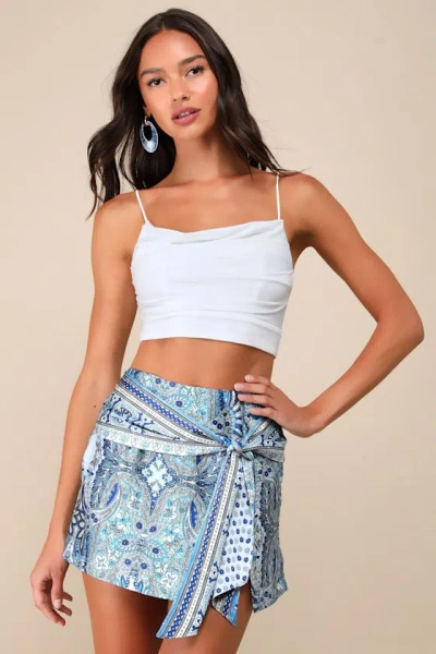 Lulus Trendy Tales Blue Multi Scarf Print Satin Tie-front Skort
