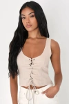 Lulus Trendy Treasure Taupe Lace-up Cropped Corset Tank Top In Taupe