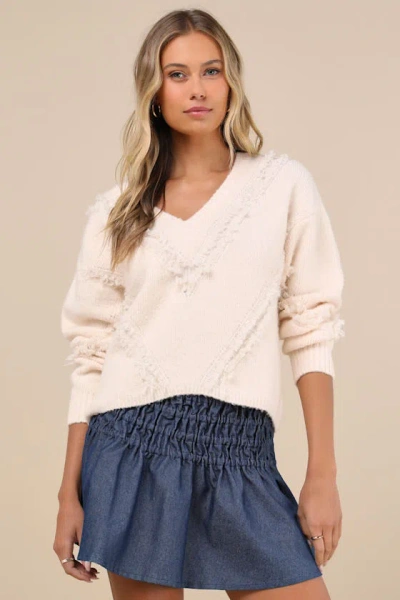 Lulus Trendy Warmth Cream Fringe V-neck Pullover Sweater In White