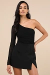 Lulus Tristina Black Ruched One-shoulder Bodysuit In Black