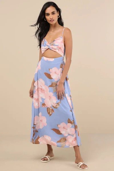 Lulus Tropical Blooms Light Blue Floral Print Tie-back Cutout Dress