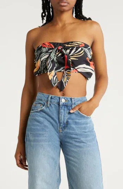 Lulus Tropical Vibes Floral Crop Halter Top In Black/bright Red/peach