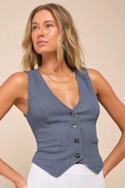Lulus True Charm Dark Blue Textured Lace-up Sleeveless Vest Top