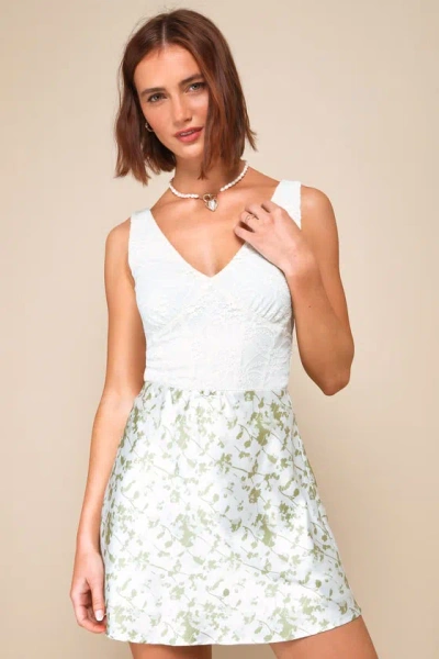 Lulus True Cutie Ivory And Green Floral Print Satin Mini Skirt