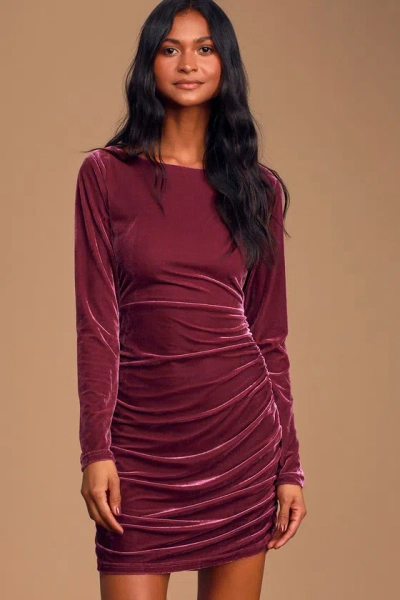 Lulus True Heart Mauve Purple Velvet Ruched Long Sleeve Bodycon Dress