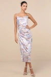 Lulus Truest Romance Slate Floral Print Sleeveless Ruched Midi Dress In Blue