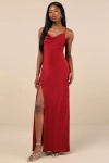 Lulus Truly A Beauty Wine Red Satin Cowl Neck Side Button Maxi Dress In Wine Red