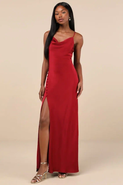 Lulus Truly A Beauty Wine Red Satin Cowl Neck Side Button Maxi Dress