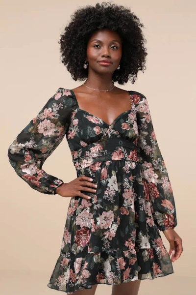 Lulus Truly Adorable Green Floral Burnout Balloon Sleeve Mini Dress