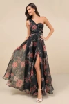 Lulus Truly Extraordinary Black Floral Organza One-shoulder Maxi Dress In Black