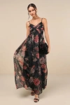 Lulus Truly Extraordinary Black Floral Organza Pleated Maxi Dress