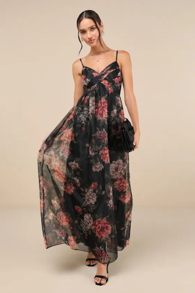 Lulus Truly Extraordinary Black Floral Organza Pleated Maxi Dress