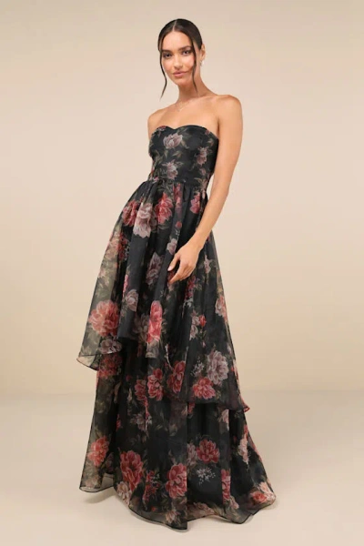Lulus Truly Extraordinary Black Floral Organza Strapless Maxi Dress