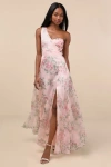 Lulus Truly Extraordinary Pink Floral Organza One-shoulder Maxi Dress In Pink