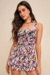 Lulus Truly Flirty Black Multi Floral Mesh Ruched Romper In Black