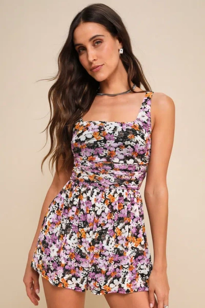 Lulus Truly Flirty Black Multi Floral Mesh Ruched Romper