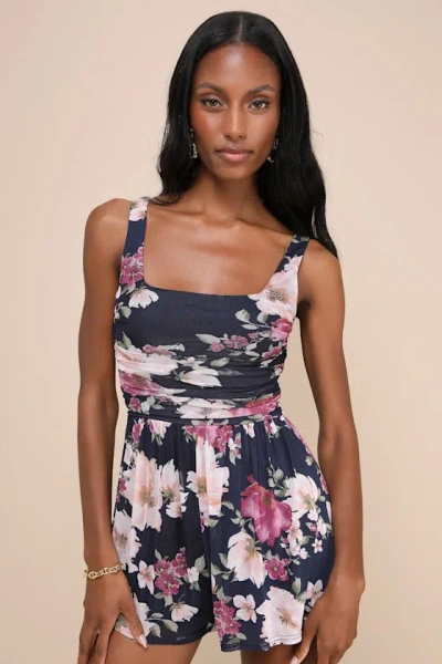 Lulus Truly Flirty Navy Blue Floral Mesh Ruched Romper